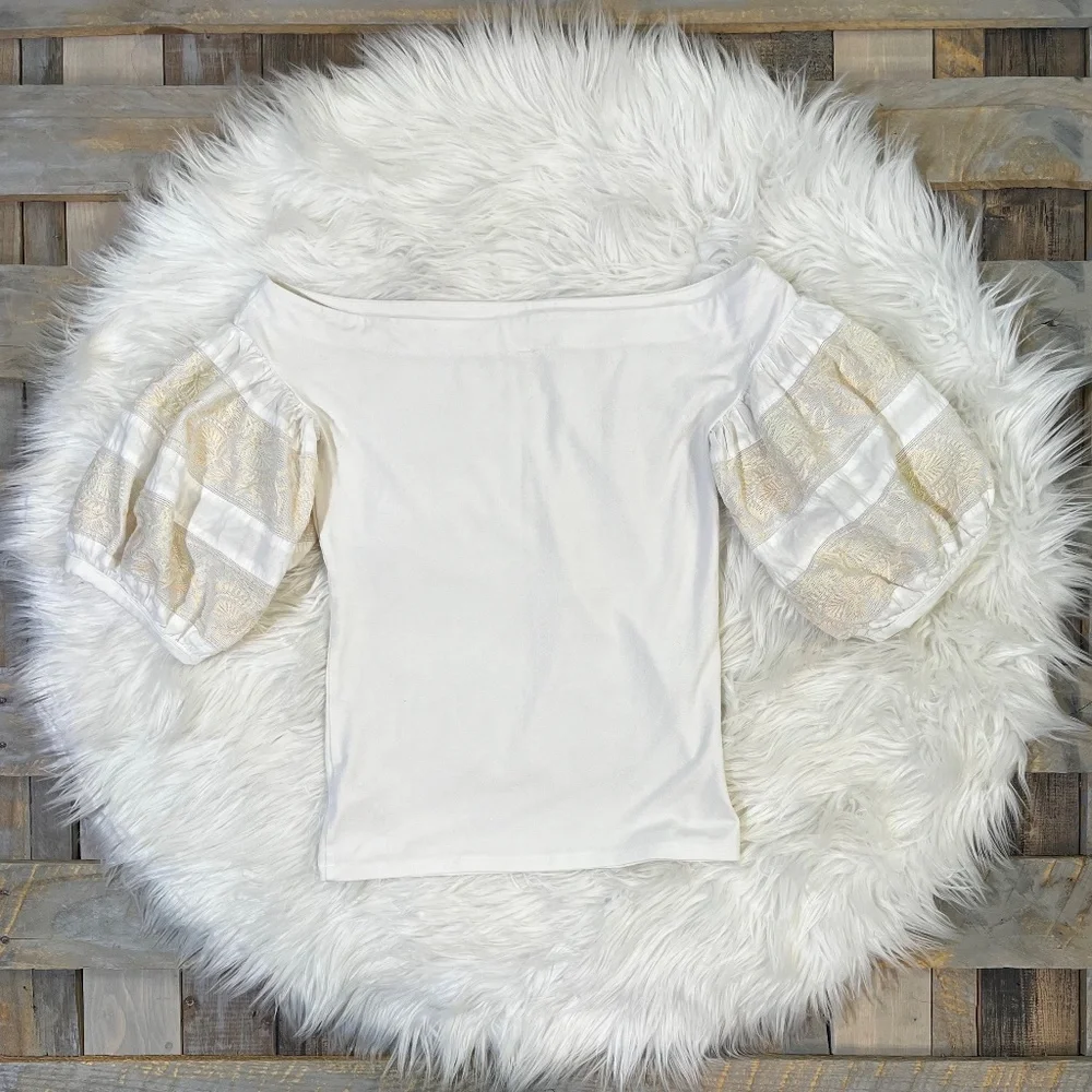 EUC ✵☽Free People☾✵ Embroidered Ivory + Cream Lace Off Shoulder Knit Top | Small